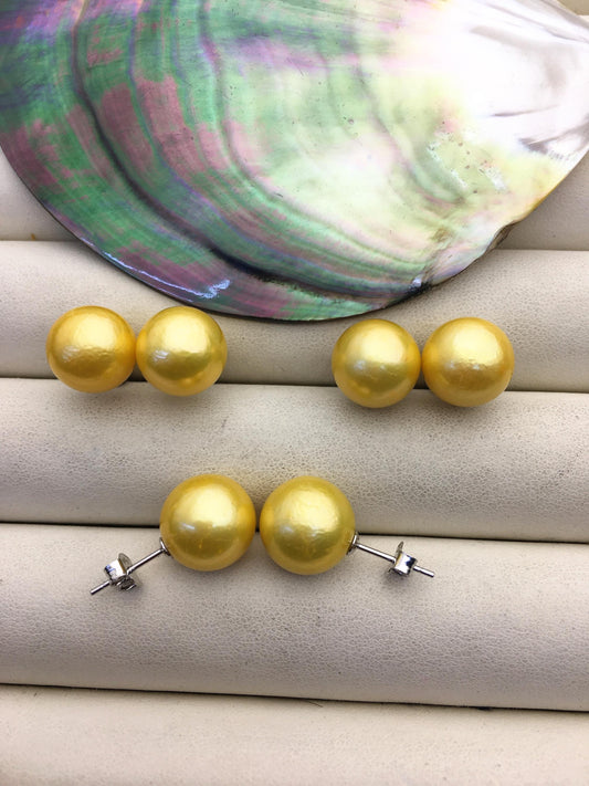 1 pair AA+ 11-12mm yellow round edison pearl stud earrings, S925 Sterling Silver stud earrings, wedding pearl earrings, SE3-T9-37