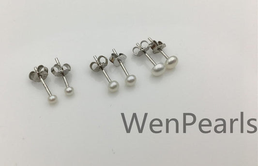 One pair tiny 2mm, 3mm white pearl earring, ivory Pearl studs earrings, button round, Sterling Silver, kids stud, little girl earrings, SE1-008