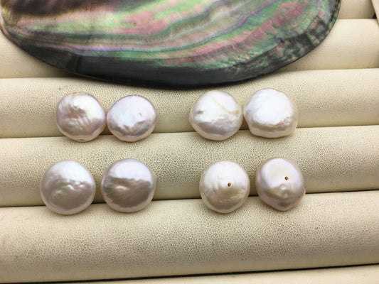 2 pairs AA 13-14.5mm White Coin Freshwater Pearl White loose Beads Pair,wholesale,ZS-103-37-29