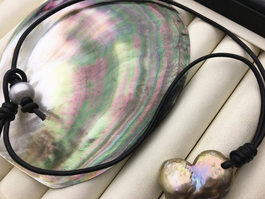 big gray bronze baroque pearl and leather necklace,valentine's day,Le1-067