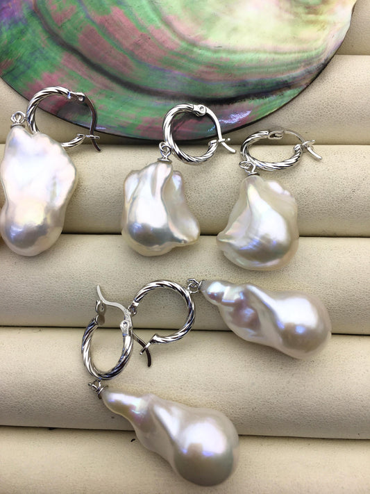 1 pair AAA 13-17mm white flame ball pearl hook earrings, sterling silver, earring with white baroque Natural Pearl, SE3-031-20