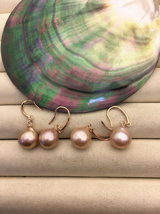AAA 11-12mm purple teardrop edison freshwater pearl dangle earrings, sterling silver rose plated dangle earrings, SE3-T9-19