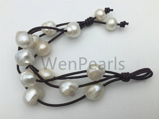 13-15mm very very big pearl - 4 rows Leather Pearls Bracelet - Genuine freshwater pearl - Real leather - Le7-082