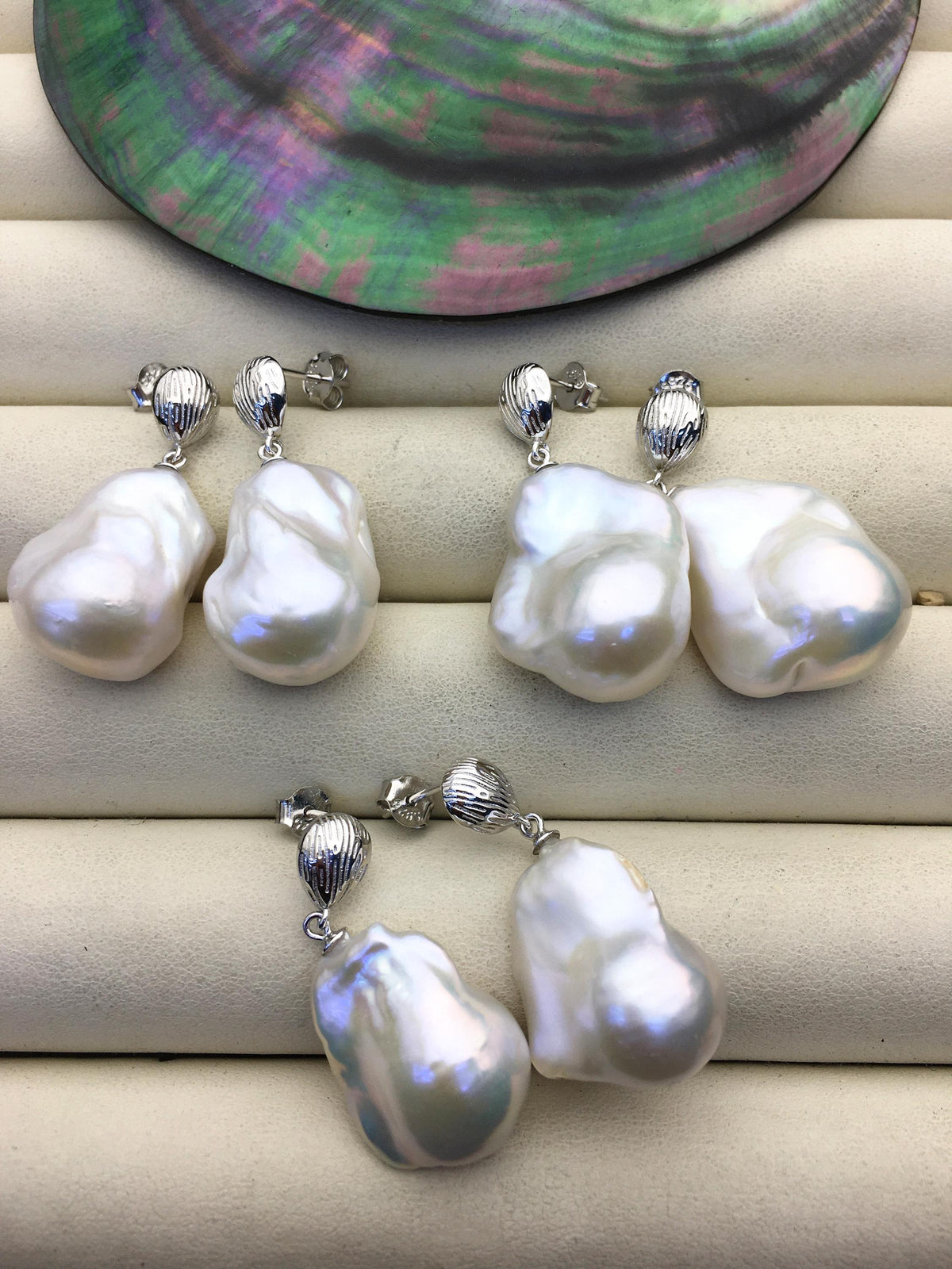 1 pair AAA 13-17mm white flame ball pearl silver shell stud earrings, sterling silver, earring with white baroque Natural Pearl, SE3-031-23