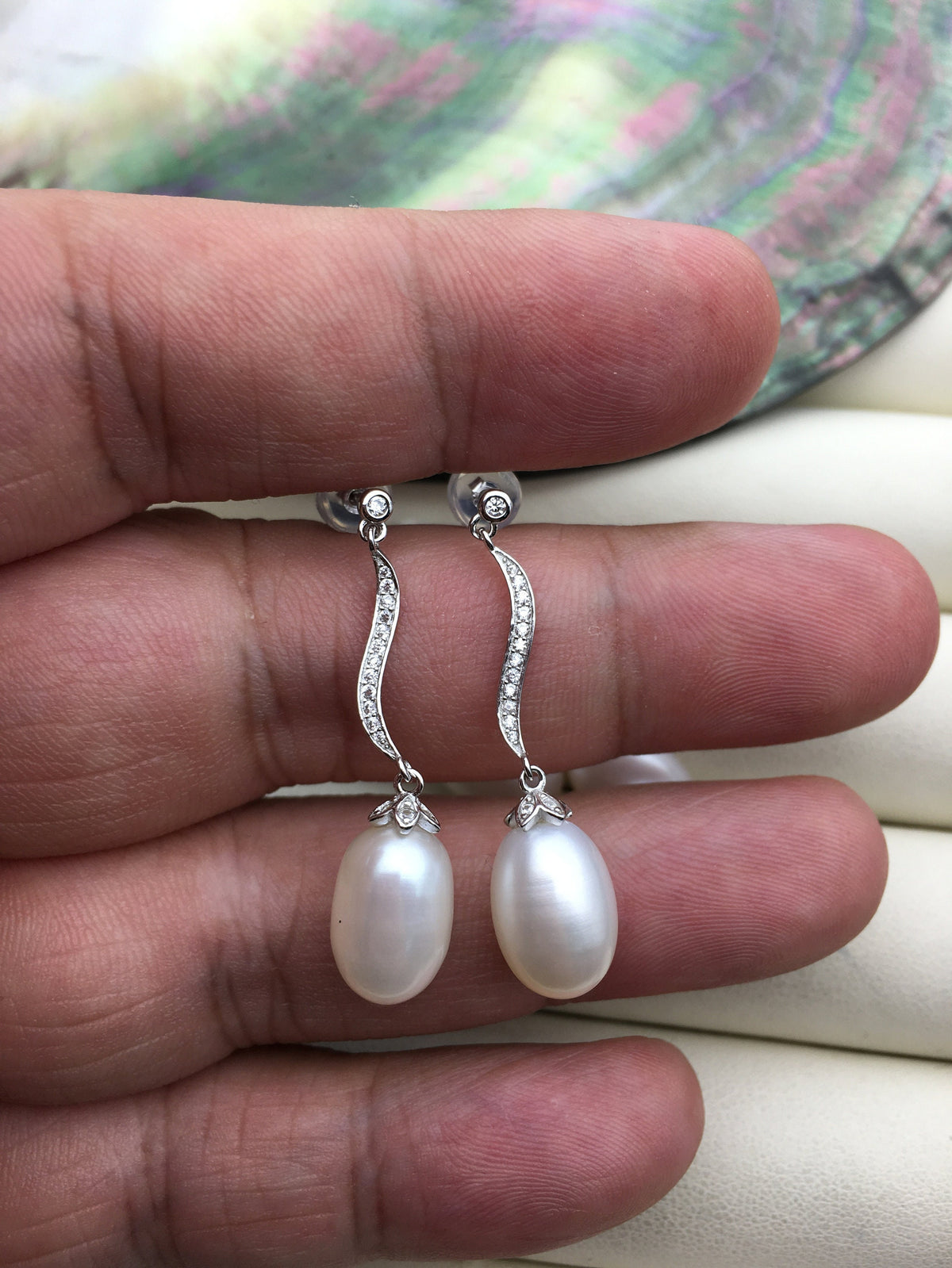 AAA 9mm White rice pearl cz stud earrings,zircon S925 Sterling Silver pearl earrings,pearl for women for girl,SE3-106