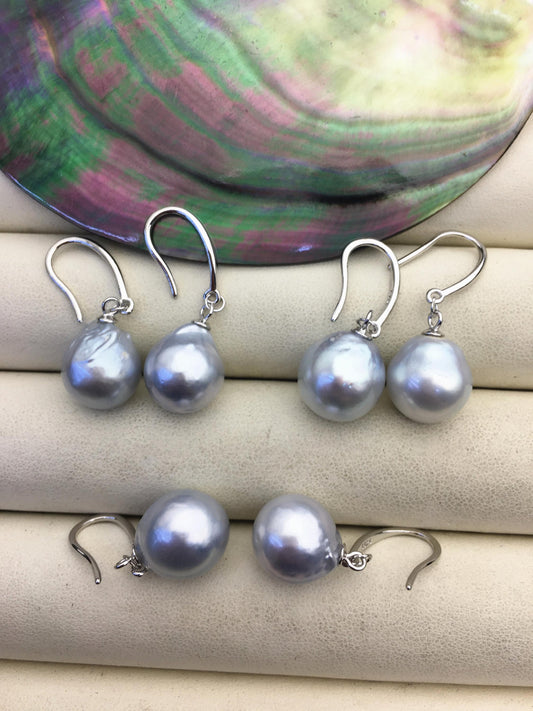 1 pair AA+ 11-12mm Silver Gray South Sea drop pearl dangling earrings,SE3-109-6