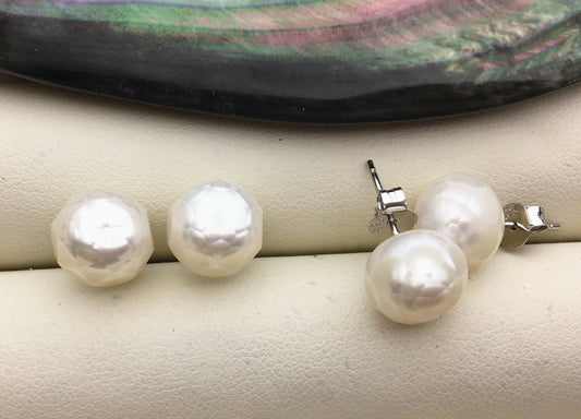 Rare!AAA 9-10mm Carved Faceted white pearl stud earrings, Sterling Silver, bridesmaid gifts, post earrings, Christmas Gift, SE3-092
