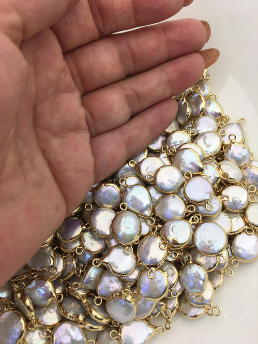 5pcs AA+ 12-13mm White Coin Pearl Double Bail Connector Charm Pendant with Gold Electroplated Edge for make bracelet necklace, EDG-037