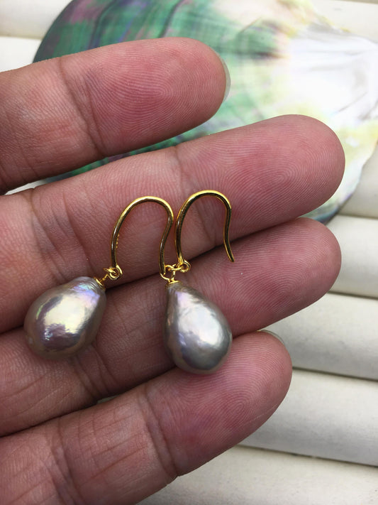 AAA 11-13mm gray bronze rainbow drop edison pearl dangle earrings, yellow gold S925 Sterling Silver earrings, wedding pearl earrings, SE3-T9-33