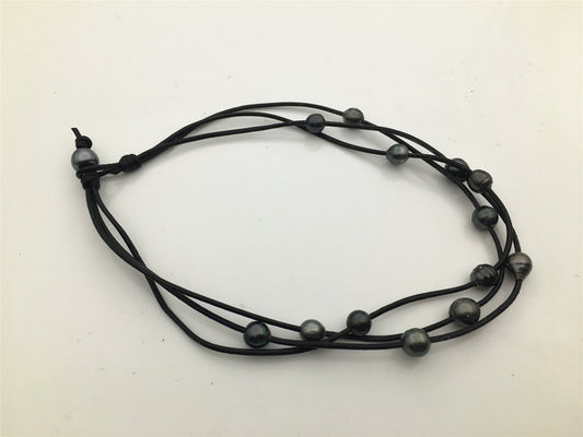 3 rows Tahitian Pearl and Leather Necklace ,Floating pearl and leather Necklace, Multi-Strand Pearls necklace ,Le11-028