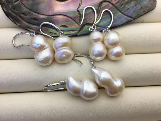 1 pair AAA 11-13mm White gourd baroque pearl dangle earrings, S925 Sterling Silver dangle earrings, wedding pearl earrings, SE3-014