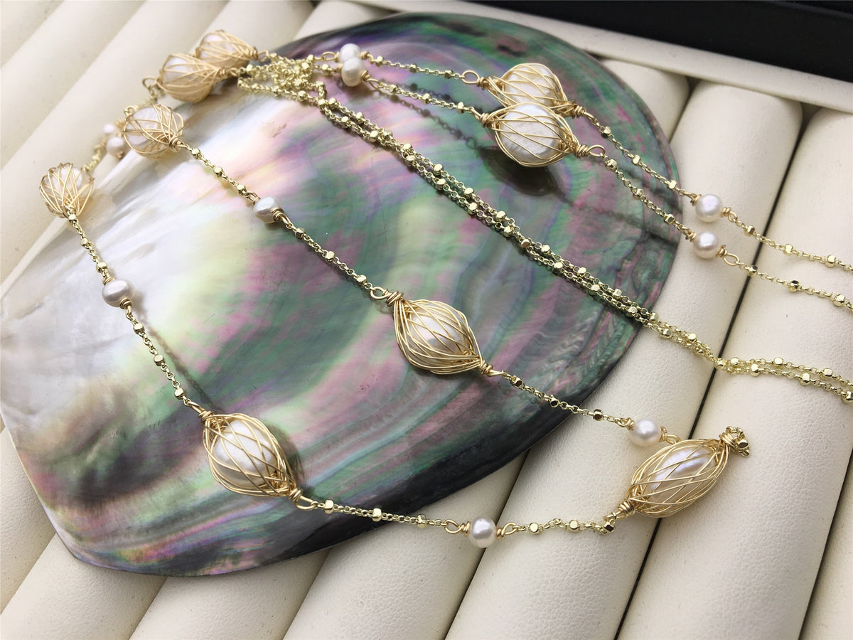 42'' white freshwater pearl gold chain necklace,NC1-039