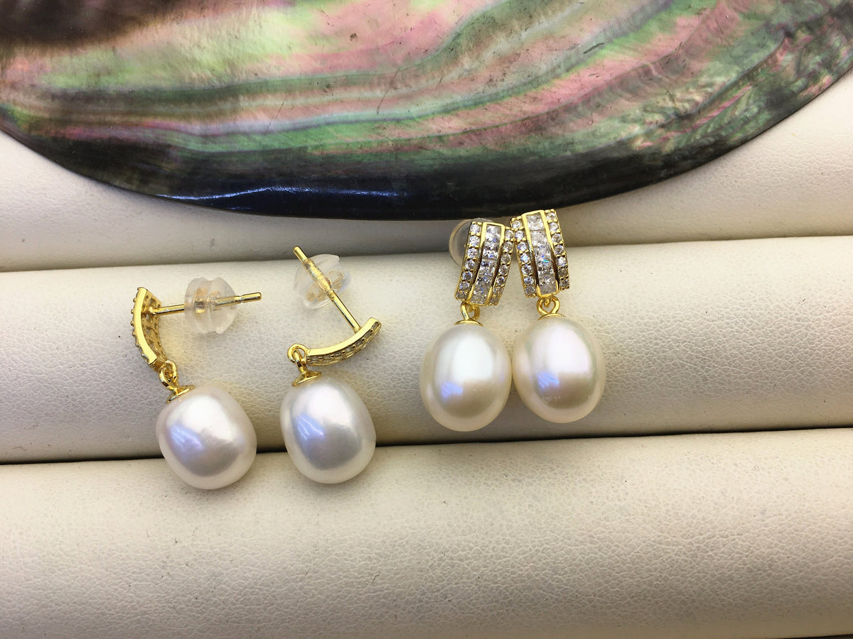 AAA 9mm White rice pearl cz stud earrings,S925 Sterling Silver pearl earrings,pearl for women for girl,SE3-018