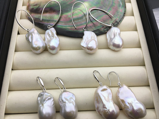 AAA/AA+ 14-18mmx22-28mm flame ball pearl dangle earrings, sterling silver, earring with white baroque Natural Pearl, SE3-069