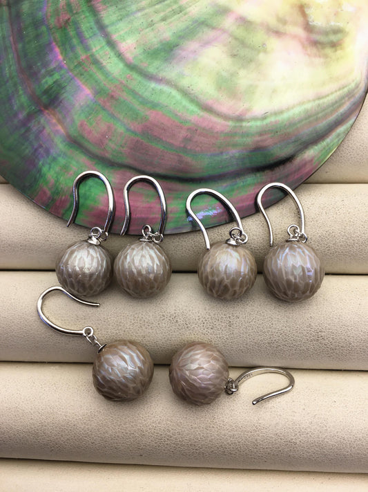 1 pair AAA 11-13mm gray handmade carved round pearl dangle earrings,S925 sterling silver earrings,SE3-T9-58