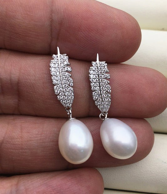 AAA 9mm Feather White rice pearl cz stud earrings, zircon S925 Sterling Silver pearl earrings, SE3-055