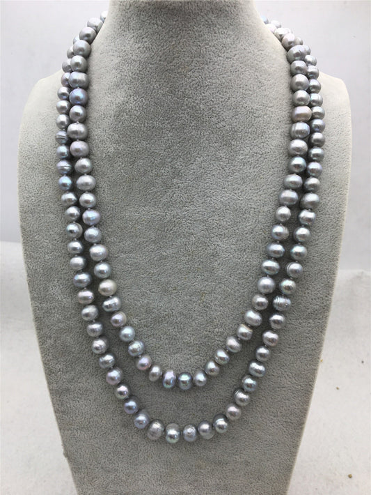48'' 9mm Gray Near round potato Pearl Necklace, dark gray Pearl necklace, gray round pearl, wholesale, NPN1-002