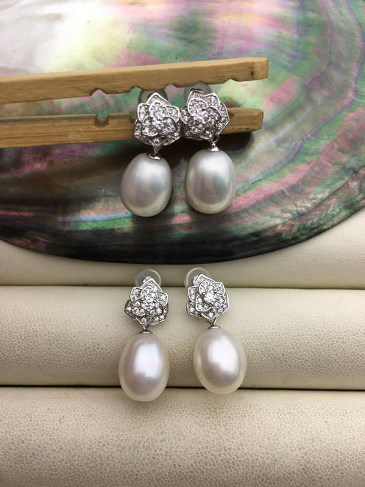 AAA 9mm White rice pearl cz stud earrings,zircon S925 Sterling Silver pearl earrings,pearl for women for girl,SE3-102