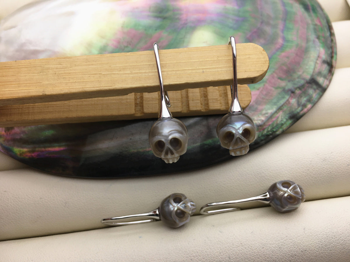 Hand-Carved Skull Pearl Dangle Earrings — SE3-027-2