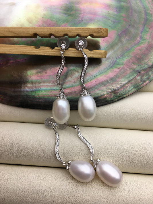 AAA 9mm White rice pearl cz stud earrings,zircon S925 Sterling Silver pearl earrings,pearl for women for girl,SE3-106