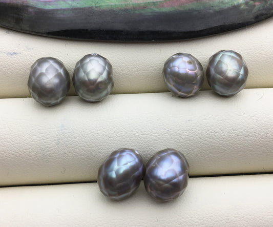1 pair AAA 9.3-10mm Gray carved rice freshwater pearl pairs,oval pearl,LR9-3A-4-1