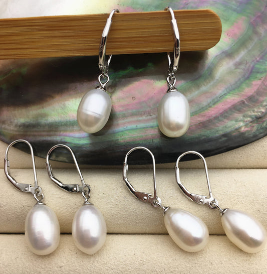 9mm white rice pearl dangling earrings, bridesmaid earring, genuine pearl for wedding anniversary, pearl with france hoop, SE3-074