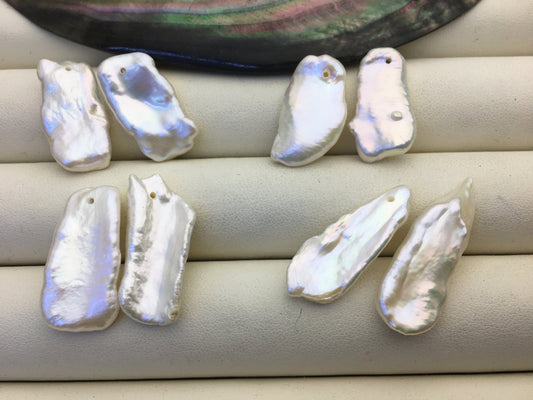 2 pairs 12-14mm White Biwa keshi pearls Pair,1.0mm side hole,ZS-127-36-2