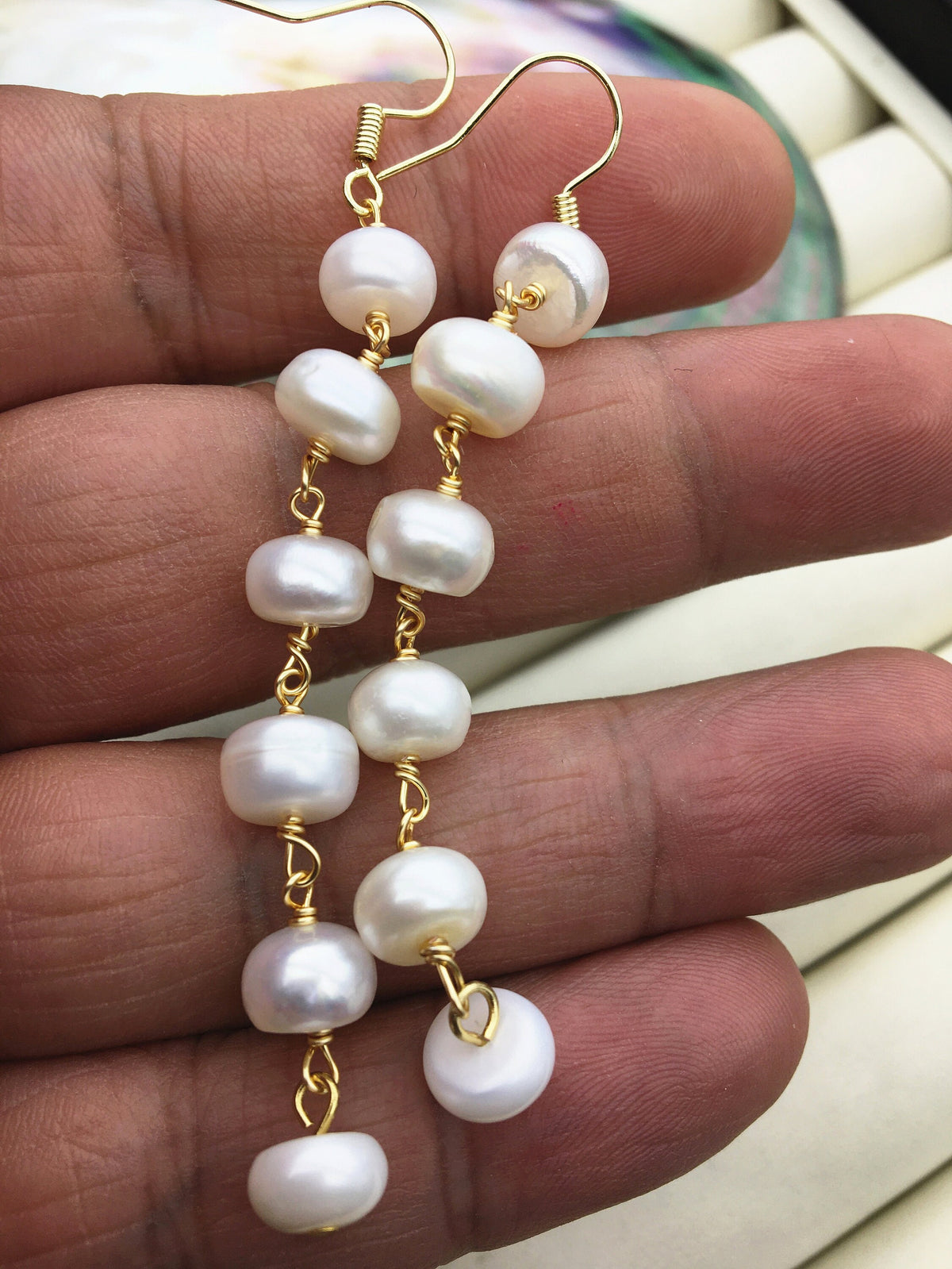 Handmade white button round pearl dangle earrings,earring with white baroque Natural Pearl,SE3-120-5