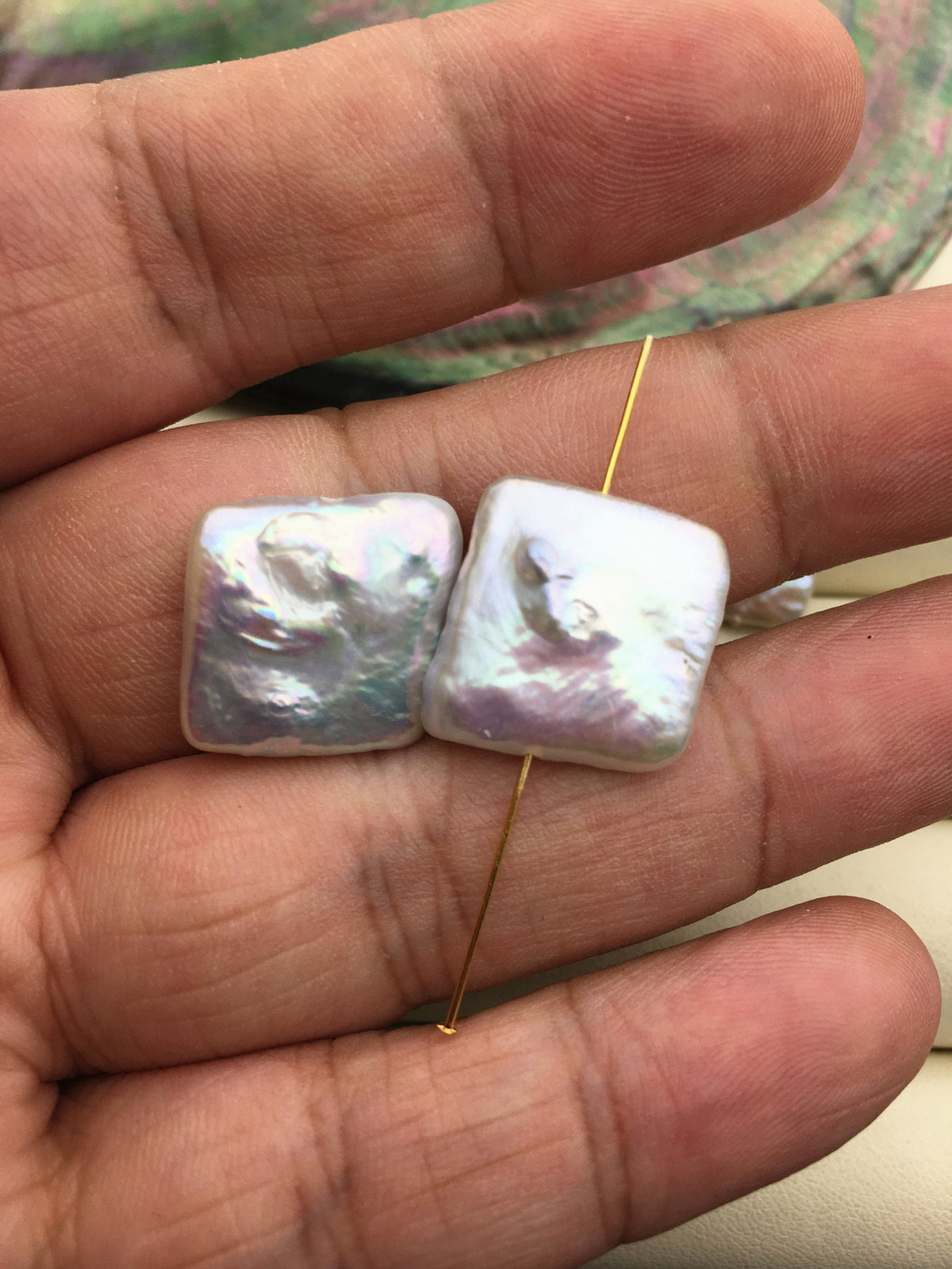 1 pair AA+ 16-18x16-18mm Big White Rectangle Freshwater Pearl White loose Beads Pair,0.9mm through hole,ZS-103-37-62