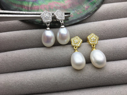 AAA 9mm White rice pearl Pentagon cz stud earrings,S925 Sterling Silver pearl earrings,pearl for women for girl,SE3-138
