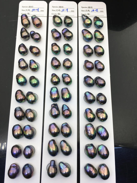 10pairs AAA 10-11mm Black Rainbow long baroque drop edison freshwater pearl Pair,top half hole,ED11-3A-2-29