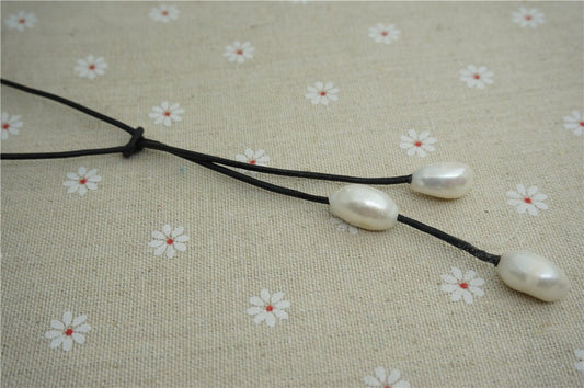 Freshwater Pearl and Leather Lariat Necklace, Light Brwon Leather Pearl necklace, Leather baroque pearl necklace,Le1-076