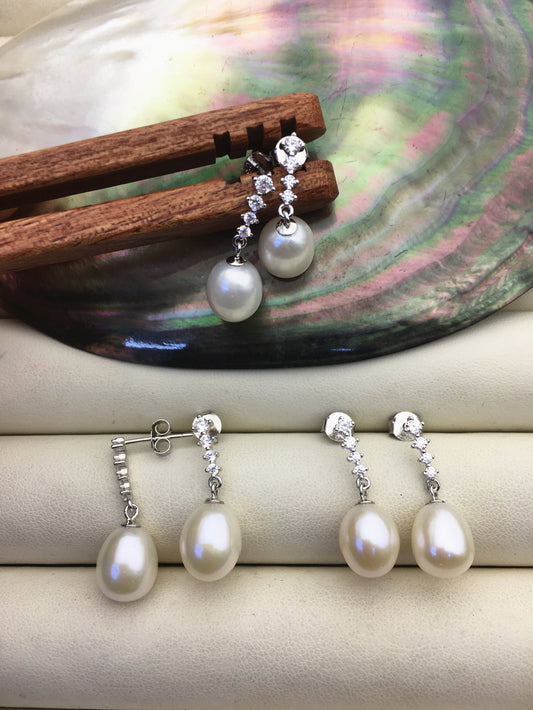 AAA 9mm White rice pearl cz stud earrings,zircon S925 Sterling Silver pearl earrings,pearl for women for girl,SE3-T26