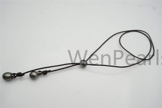 Big Tahitian pearl necklace, Pearl and Leather Lariat Necklace, Light brown Leather Pearl necklace, Sea pearl, Black pearl necklace, Le11-023