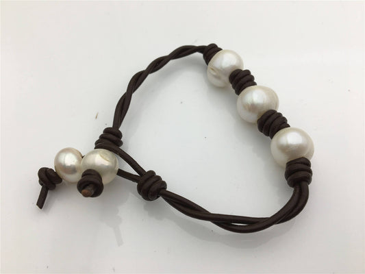 50% OFF 7.5 inches 12mm Big pearl twisted leather pearl bracelet, knotted freshwater pearl bracelet, Leather Pearls Bracelet, NPN1-032