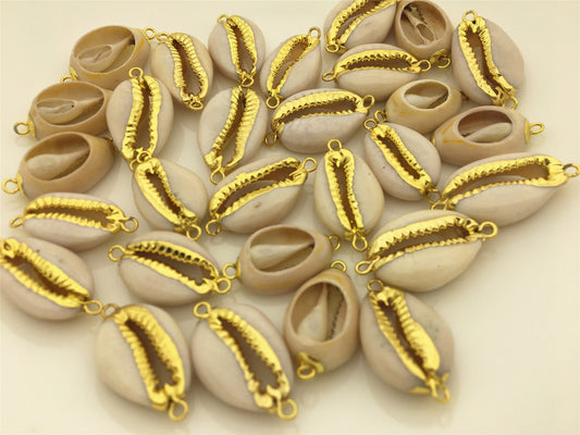 10pcs 14-16x20-22mm White Natural Cowrie Shell Connector Double Bails Sea Shell Beach Shell Handmade Gemstone Charm Making Jewelry, ACC-O-007