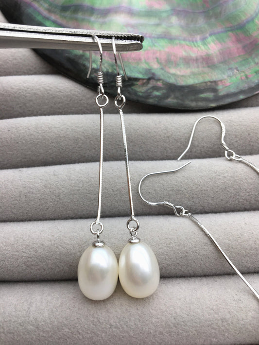 AAA White rice pearl Tassels dangle earrings,S925 Sterling Silver pearl earrings,pearl for women,SE3-142