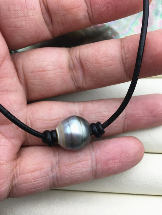 1pc 13-15mm huge big Tahitian Pearl Choker Necklace,Pearl Leather Necklace,Black Leather Pearl necklace,Le11-003