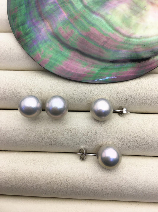 1 pair AAA 10-15mm gray rainbow round edison pearl stud earrings, S925 Sterling Silver stud earrings, wedding pearl earrings, SE3-T9-57