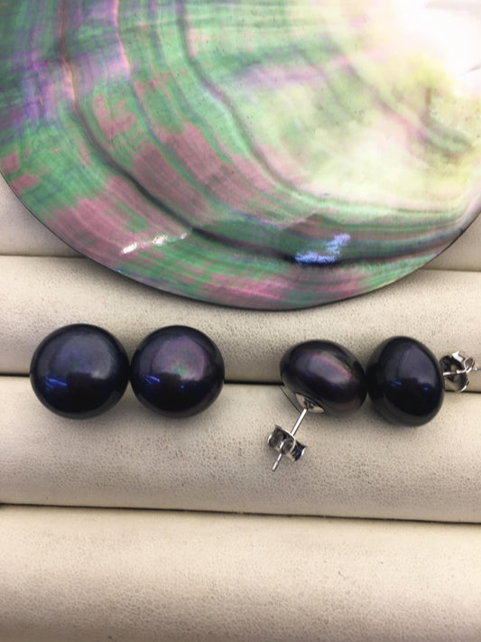 AA+ 13.5-14mm Very Big Black Buttom Round Pearl stud earrings,SE1-069-3
