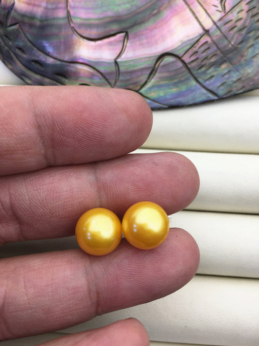 1 pair AAA 10-11mm Yellow Gold Pearl stud earrings, Sterling Silver, Wedding stud earrings, bridal, wedding party earrings, SE1-T28