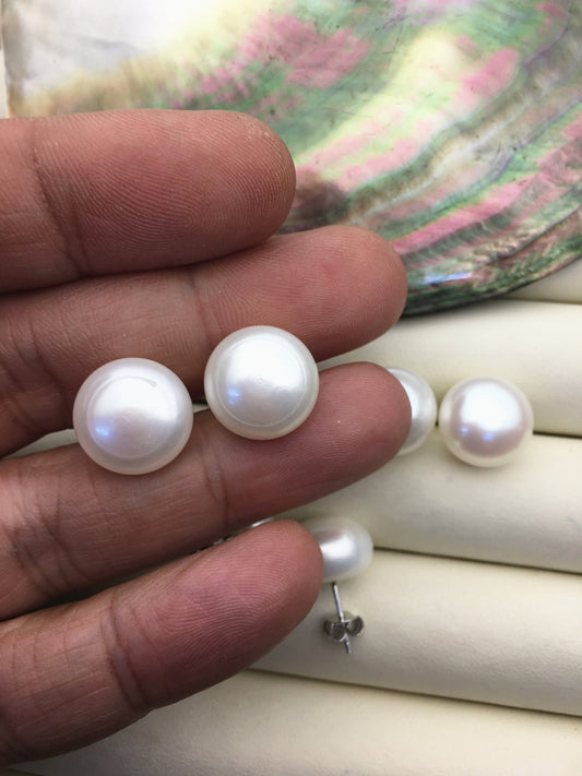 1 pair AA 13-14mm big white baroque round Pearl Stud Earrings, freshwater pearl earrings, classic pearl studs, SE1-069-22