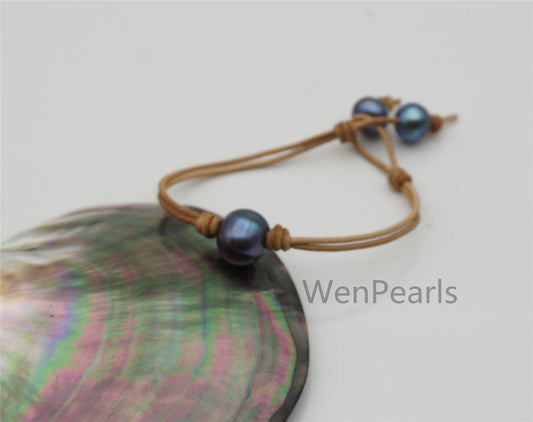 Big Single Potato Pearl fashion jewelry, pearl Leather Pearls Bracelet - plait leather bracelet - Genuine freshwater pearl - Le7-192