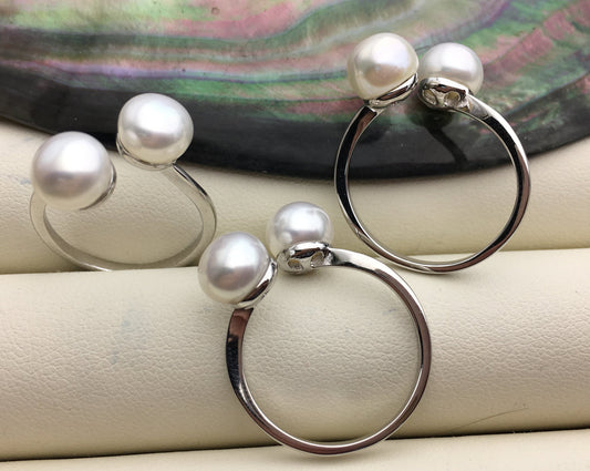 AAA white two Pearls Genuine Sterling silver ring, anniversary ring, wedding rings for women, sterling silver 925 open ring jewellery, R1-028