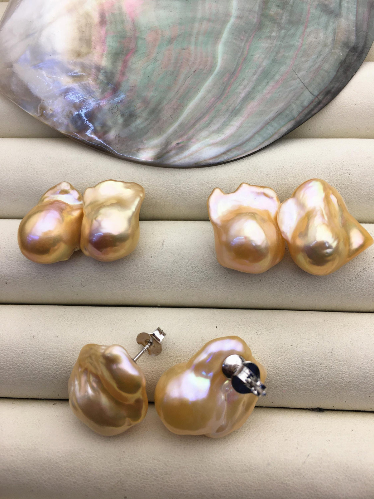1 pair AAA 13-17mm peach orange flame ball pearl stud earrings, sterling silver, earring with gray baroque Natural Pearl, SE3-031-14
