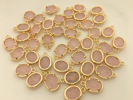 5pcs 9.5x17mm Pink Opal Ellipse Shaped faceted Pendant,Brass plated 14k gold,glass connector loop gold tone,ACC-GL-005