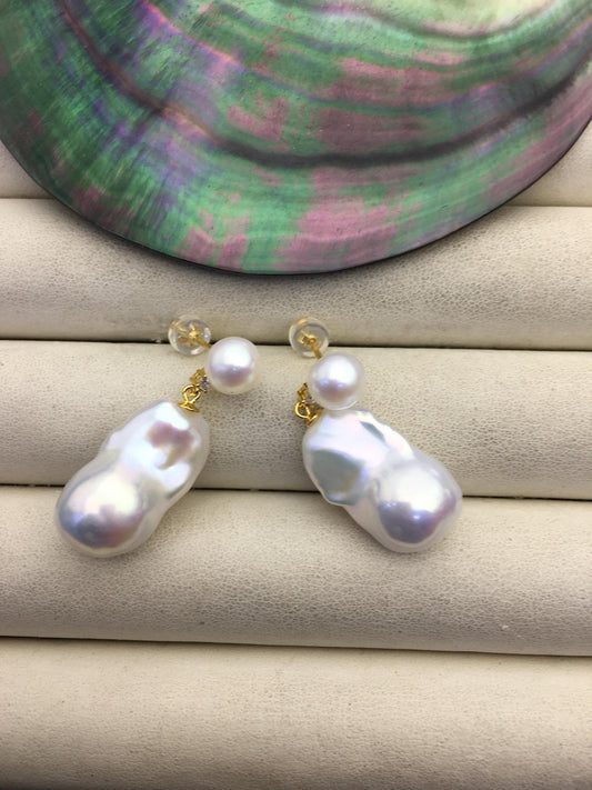 1 pair AAA 13-16mm flame ball pearl diamond stud earrings, sterling silver, earring with white baroque Natural Pearl, SE3-031-37