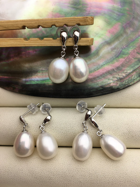 1 pair AAA 9-10mm white rice pearl dangle earrings,S925 Sterling Silver pearl earrings,pearl for women,SE3-096