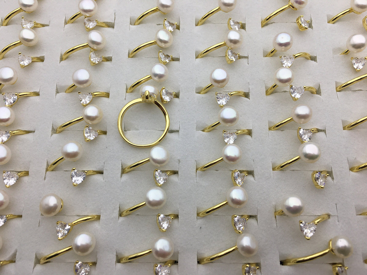 6pcs Gold Open AAA white pearl ring, inexpensive engagement rings, fashion rings, fake diamond rings real pearls, inexpensive ring, R1-088-6