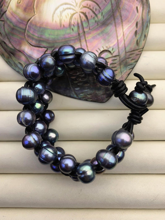 Three rows deep blue pearl bracelet, Leather Pearls Bracelet, Handmade Cuff, White Pearls on Brown Leather, Black leather bracelet, Le7-095